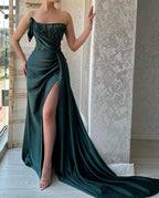 Elegant Long Dark Green A-line Sleeveless Beading Prom Dress With Slit by misshow.com