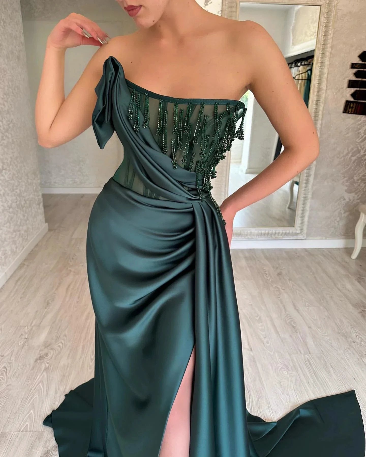 Elegant Long Dark Green A-line Sleeveless Beading Prom Dress With Slit by misshow.com