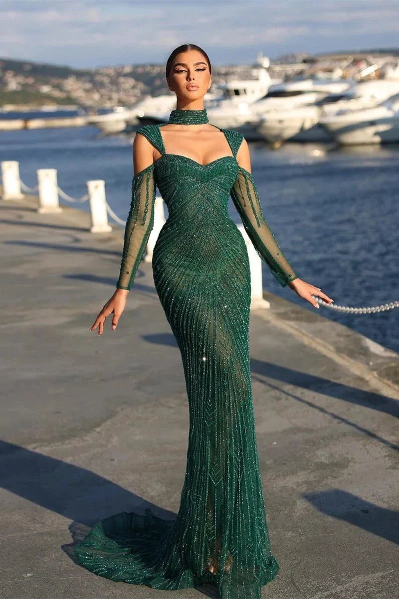 Elegant Long Dark Green Beading Off-the-shoulder Prom Dress With Sleeves by misshow.com