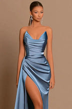 Elegant Long Dusty Blue Mermaid Sleeveless Prom Dress With Slit by misshow.com