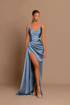 Elegant Long Dusty Blue Mermaid Sleeveless Prom Dress With Slit by misshow.com