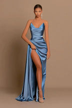 Elegant Long Dusty Blue Mermaid Sleeveless Prom Dress With Slit by misshow.com