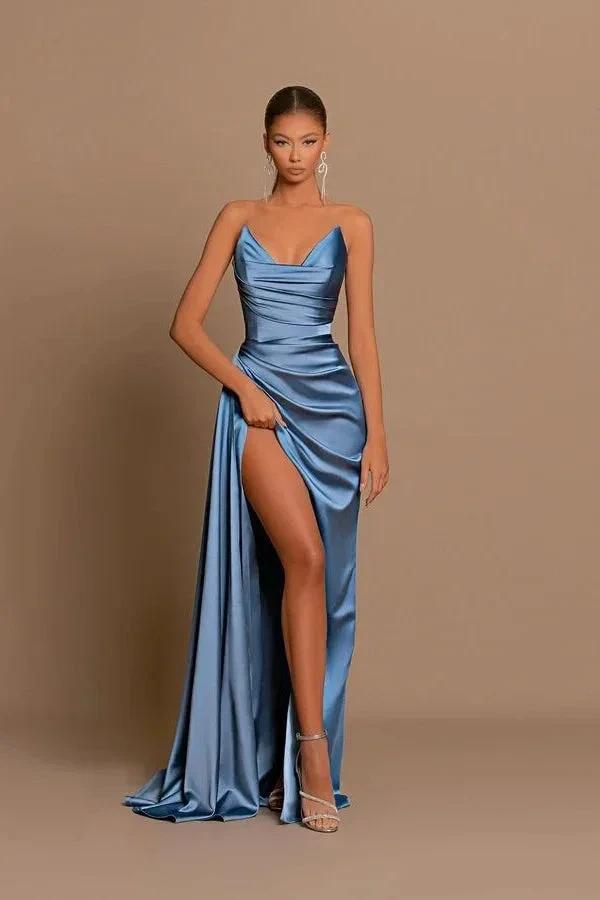 Elegant Long Dusty Blue Mermaid Sleeveless Prom Dress With Slit by misshow.com