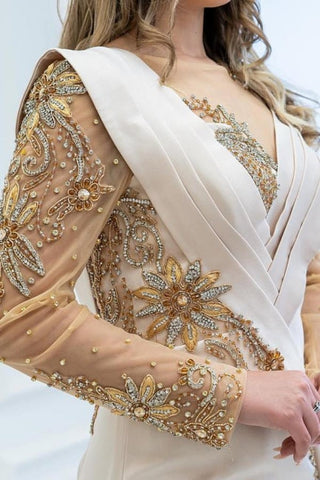 Elegante vestido de fiesta largo de sirena con cuentas y purpurina, con mangas largas