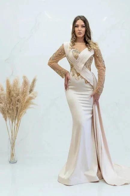 Elegant Long Glitter Beading Mermaid Prom Dresses With Long Sleeves by misshow.com