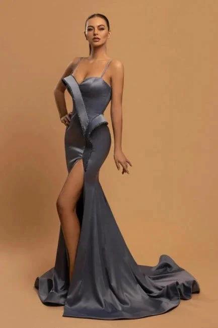 Elegant Long Glitter Spaghetti Straps Evening Dresses With Slit by misshow.com
