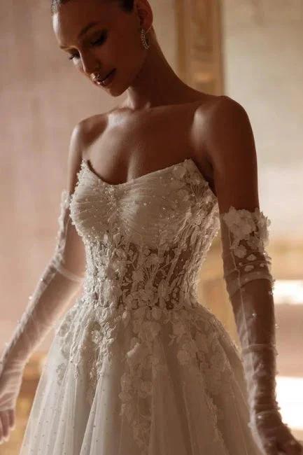 Elegant Long Ivory A-line Strapless Lace Sweetheart Wedding Dresses by misshow.com