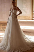 Elegant Long Ivory A-line Strapless Lace Sweetheart Wedding Dresses by misshow.com