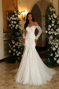 Elegant Long Ivory Mermaid Long Sleeves Lace Tulle Wedding Dress by misshow.com