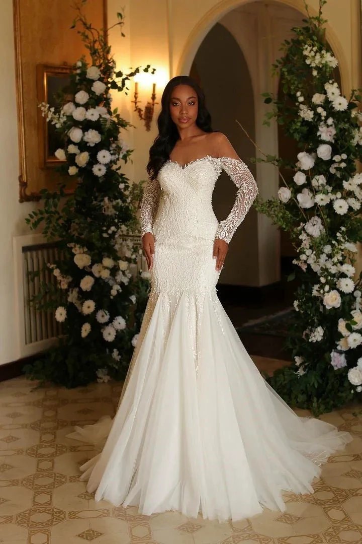 Elegant Long Ivory Mermaid Long Sleeves Lace Tulle Wedding Dress by misshow.com