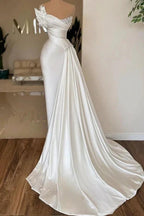 Elegant Long Ivory Strapless Satin Pleated Wedding Dress with Pearls by misshow.com