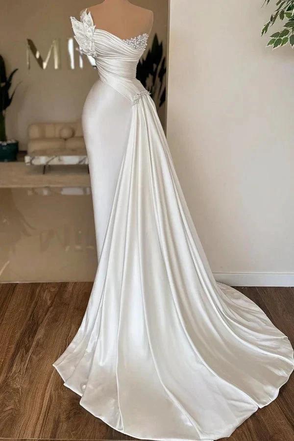 Elegant Long Ivory Strapless Satin Pleated Wedding Dress with Pearls by misshow.com