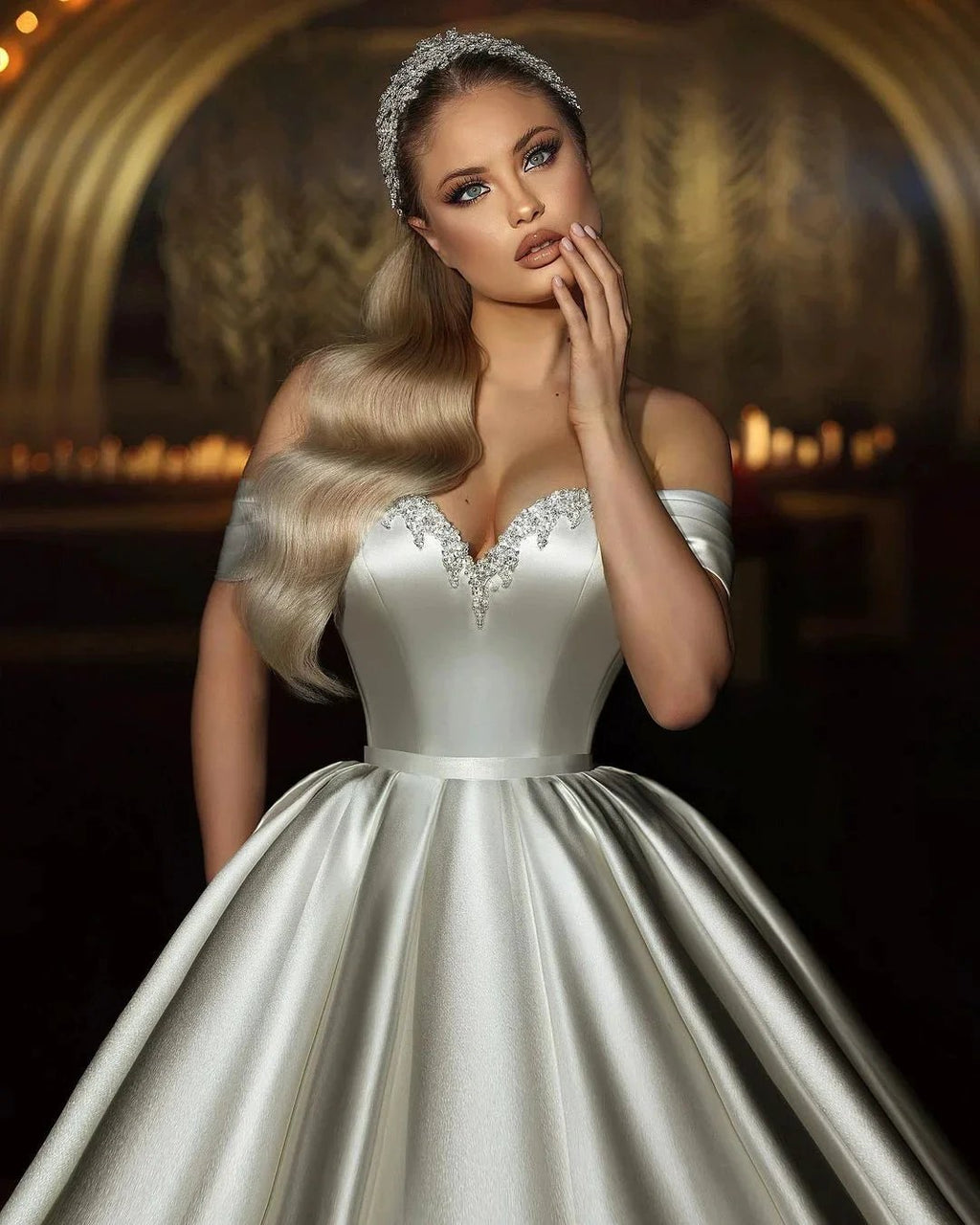 Elegant Long Ivory Sweetheart Off-the-shoulder A-line Sleeveless Wedding Dress by misshow.com
