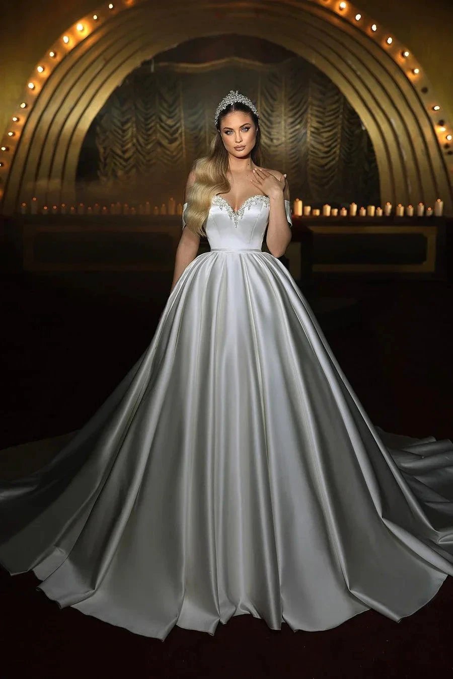 Elegant Long Ivory Sweetheart Off-the-shoulder A-line Sleeveless Wedding Dress by misshow.com