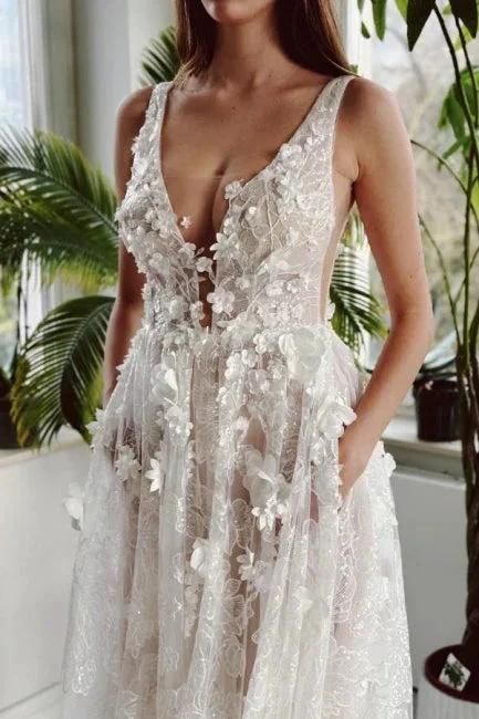 Elegant Long Ivory V-neck A-line Lace Wedding Dress With Glitter by misshow.com