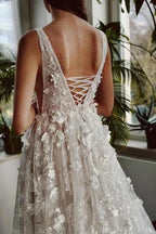 Elegant Long Ivory V-neck A-line Lace Wedding Dress With Glitter by misshow.com