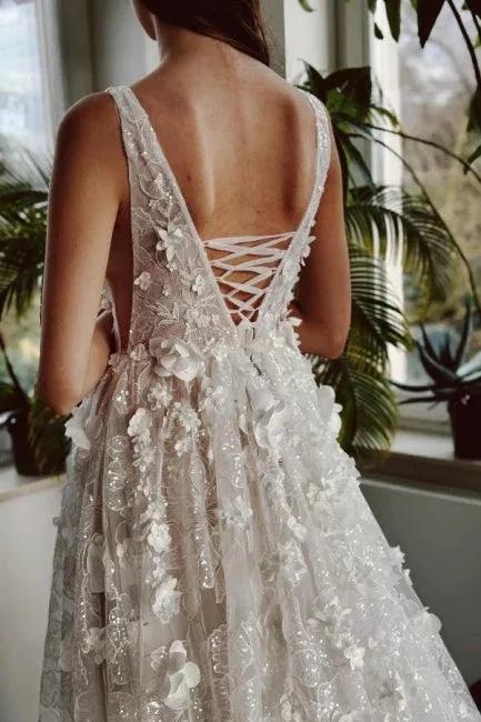 Elegant Long Ivory V-neck A-line Lace Wedding Dress With Glitter by misshow.com