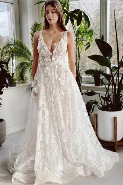 Elegant Long Ivory V-neck A-line Lace Wedding Dress With Glitter by misshow.com
