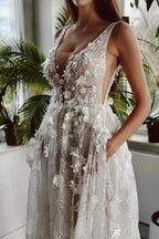 Elegant Long Ivory V-neck A-line Lace Wedding Dress With Glitter by misshow.com
