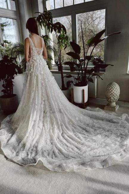 Elegant Long Ivory V-neck A-line Lace Wedding Dress With Glitter by misshow.com