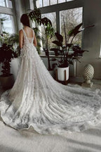 Elegant Long Ivory V-neck A-line Lace Wedding Dress With Glitter by misshow.com