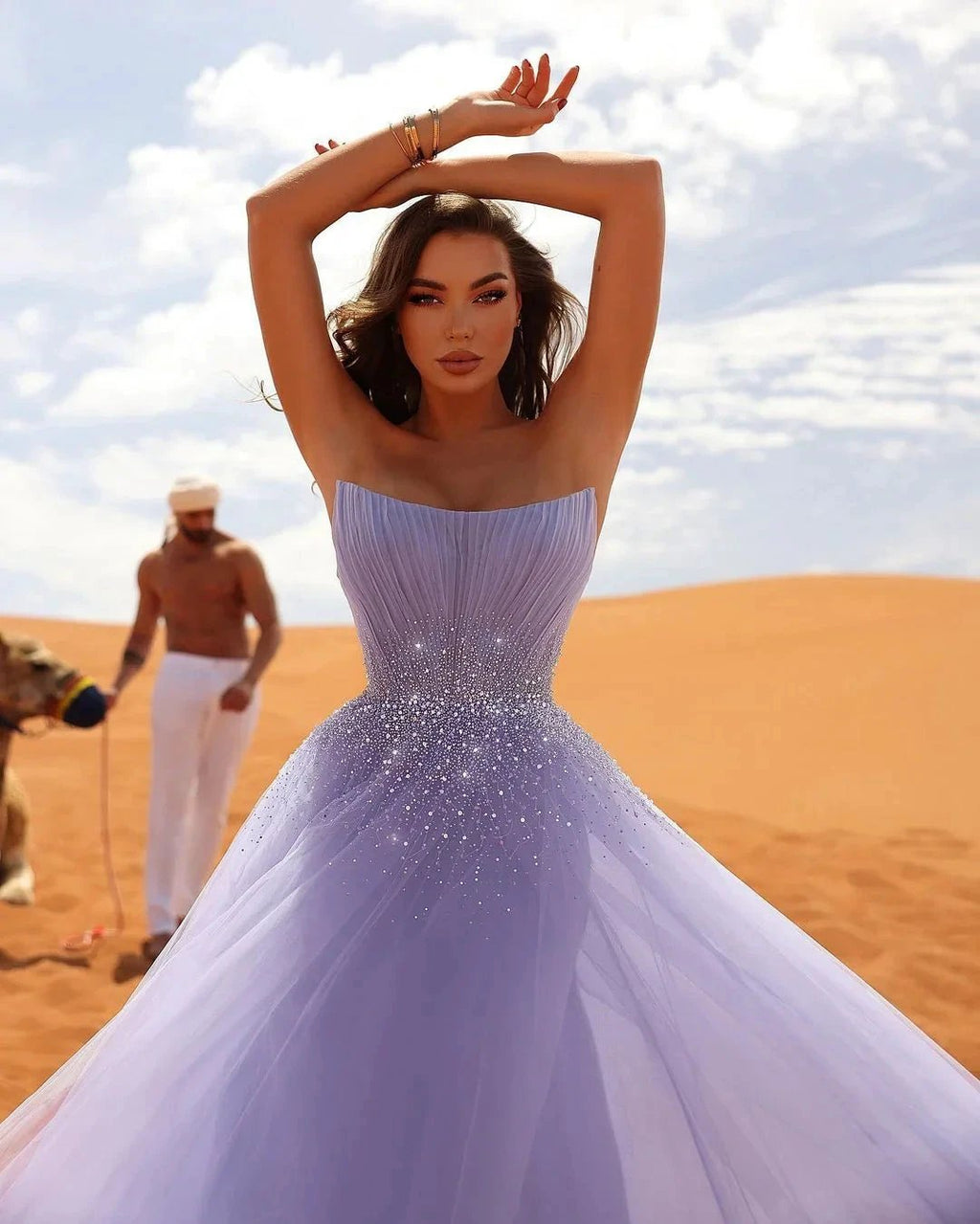 Elegant Long Lilac A-line Sleeveless Rhinestones Tulle Prom Dress by misshow.com