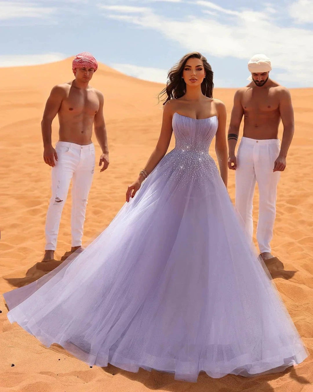 Elegant Long Lilac A-line Sleeveless Rhinestones Tulle Prom Dress by misshow.com