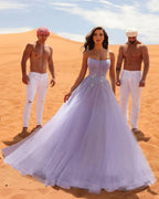 Elegant Long Lilac A-line Sleeveless Rhinestones Tulle Prom Dress by misshow.com