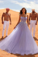 Elegant Long Lilac A-line Sleeveless Rhinestones Tulle Prom Dress by misshow.com