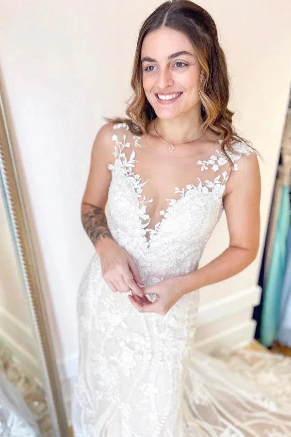 Elegant Long Mermaid Bateau Appliques Lace Backless Wedding Dress by BIZTUNNEL