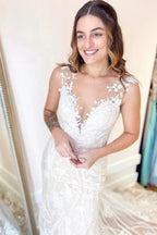 Elegant Long Mermaid Bateau Appliques Lace Backless Wedding Dress by BIZTUNNEL