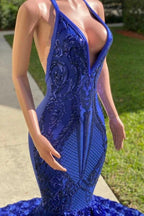 Elegant Long Mermaid Halter Satin Lace Backless Prom Dresses by BIZTUNNEL