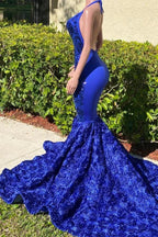 Elegant Long Mermaid Halter Satin Lace Backless Prom Dresses by BIZTUNNEL