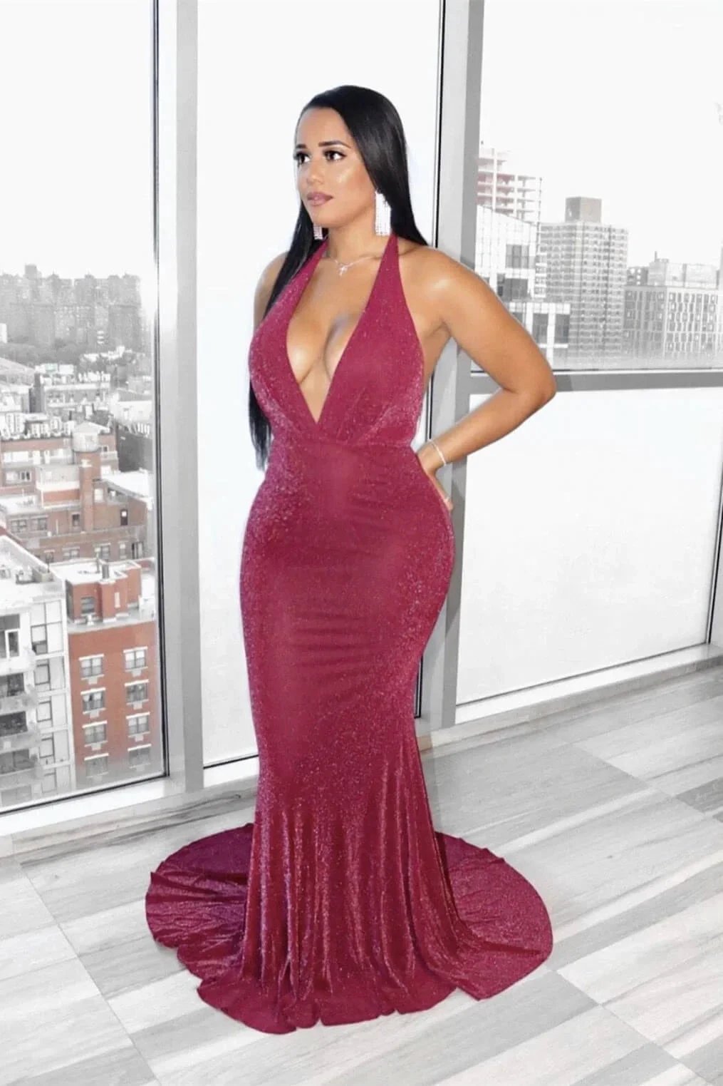 Elegant Long Mermaid Halter Sleeveless V-neck Prom Dress by misshow.com