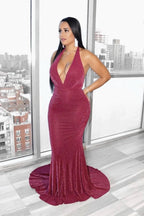 Elegant Long Mermaid Halter Sleeveless V-neck Prom Dress by misshow.com