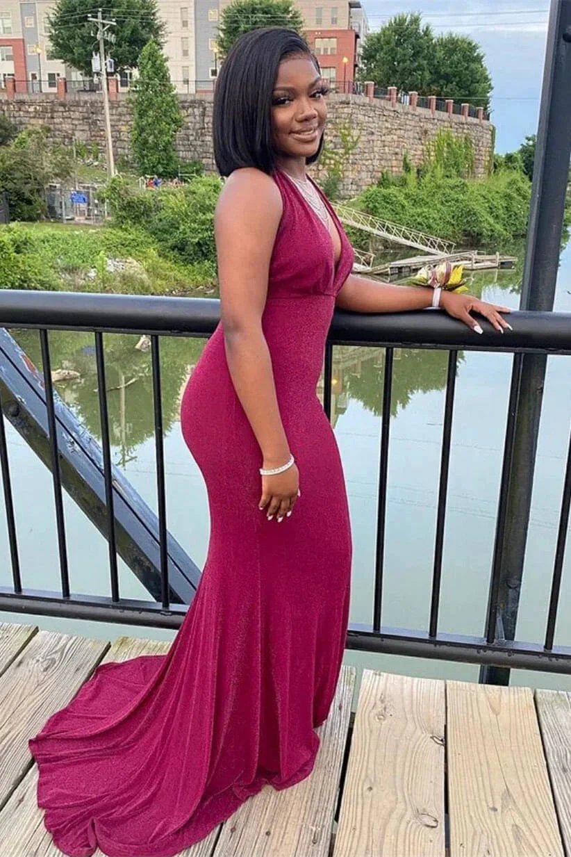Elegant Long Mermaid Halter Sleeveless V-neck Prom Dress by misshow.com