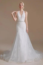 Elegant Long Mermaid Halter Tulle Floor-Length Wedding Dress with Appliques Lace by BIZTUNNEL