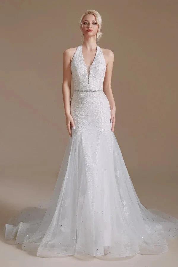 Elegant Long Mermaid Halter Tulle Floor-Length Wedding Dress with Appliques Lace by BIZTUNNEL