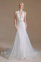 Elegant Long Mermaid Halter Tulle Floor-Length Wedding Dress with Appliques Lace by BIZTUNNEL