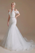 Elegant Long Mermaid Halter Tulle Floor-Length Wedding Dress with Appliques Lace by BIZTUNNEL