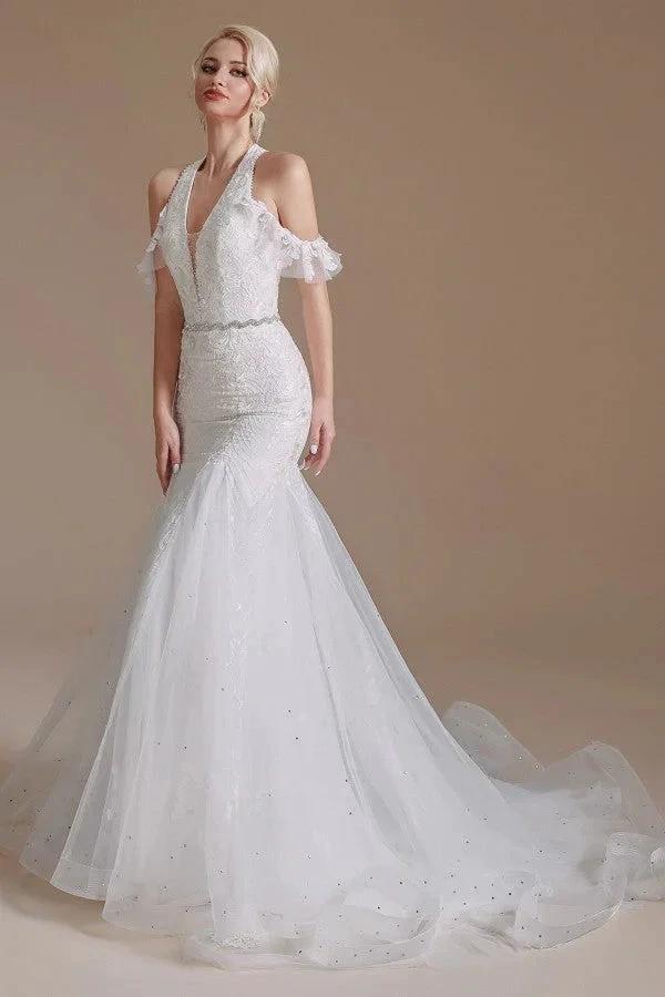 Elegant Long Mermaid Halter Tulle Floor-Length Wedding Dress with Appliques Lace by BIZTUNNEL