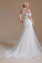 Elegant Long Mermaid Halter Tulle Floor-Length Wedding Dress with Appliques Lace by BIZTUNNEL