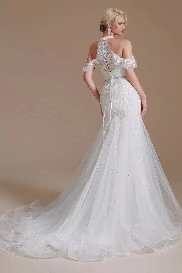 Elegant Long Mermaid Halter Tulle Floor-Length Wedding Dress with Appliques Lace by BIZTUNNEL