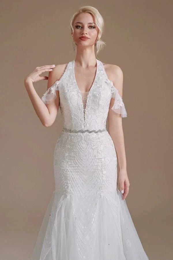 Elegant Long Mermaid Halter Tulle Floor-Length Wedding Dress with Appliques Lace by BIZTUNNEL