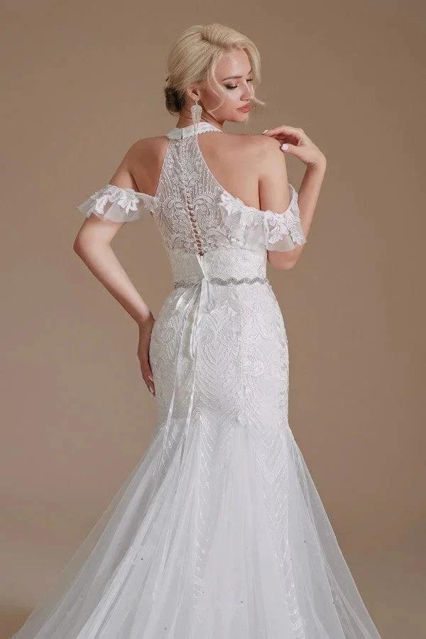 Elegant Long Mermaid Halter Tulle Floor-Length Wedding Dress with Appliques Lace by BIZTUNNEL