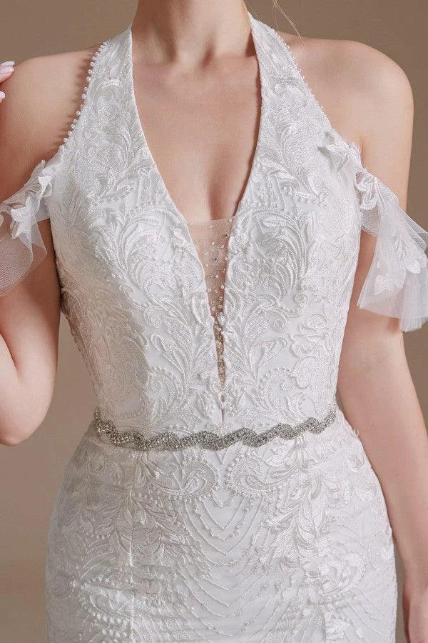 Elegant Long Mermaid Halter Tulle Floor-Length Wedding Dress with Appliques Lace by BIZTUNNEL