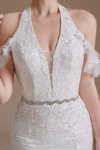 Elegant Long Mermaid Halter Tulle Floor-Length Wedding Dress with Appliques Lace by BIZTUNNEL