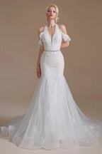Elegant Long Mermaid Halter Tulle Floor-Length Wedding Dress with Appliques Lace by BIZTUNNEL