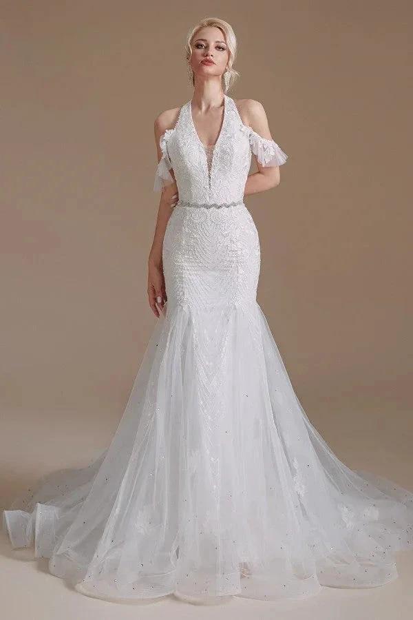 Elegant Long Mermaid Halter Tulle Floor-Length Wedding Dress with Appliques Lace by BIZTUNNEL