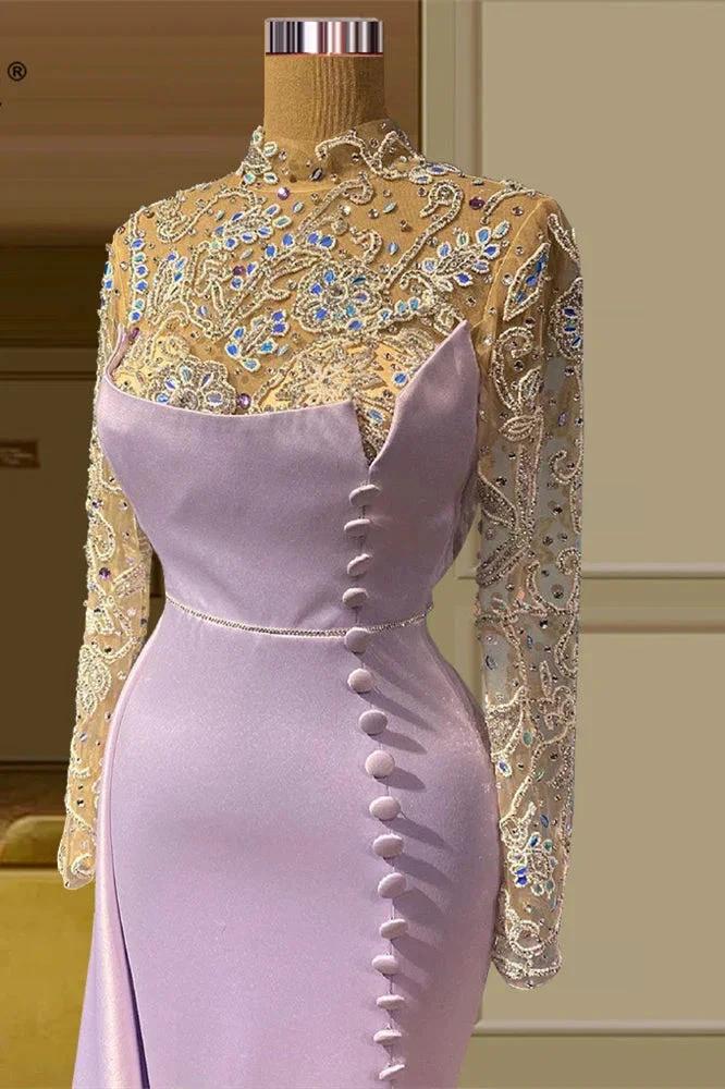 Elegant Long Mermaid High Neck Lace Beading Prom Dress With Long Sleeves by misshow.com